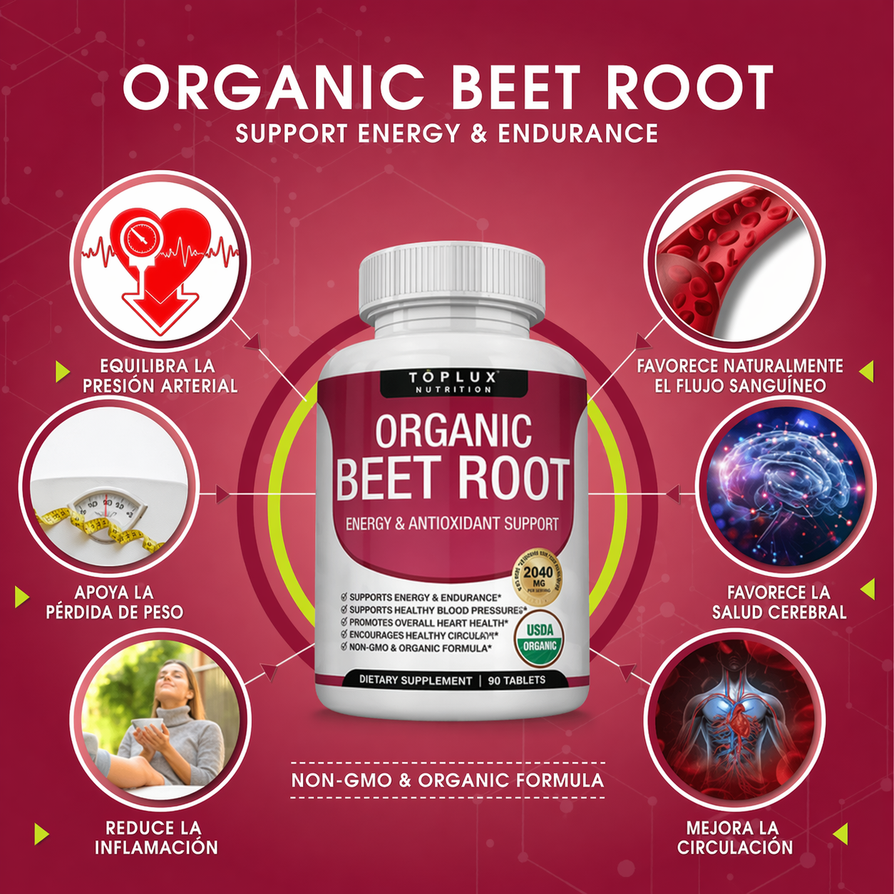 Toplux Nutrition® Organic Beet Root + Oxido nitrico