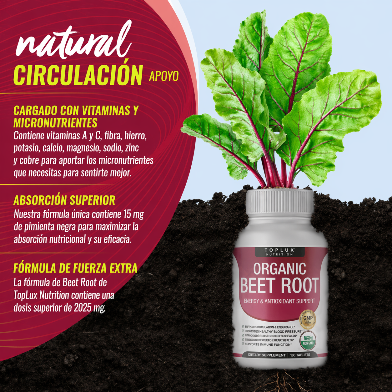 Toplux Nutrition® Organic Beet Root + Oxido nitrico